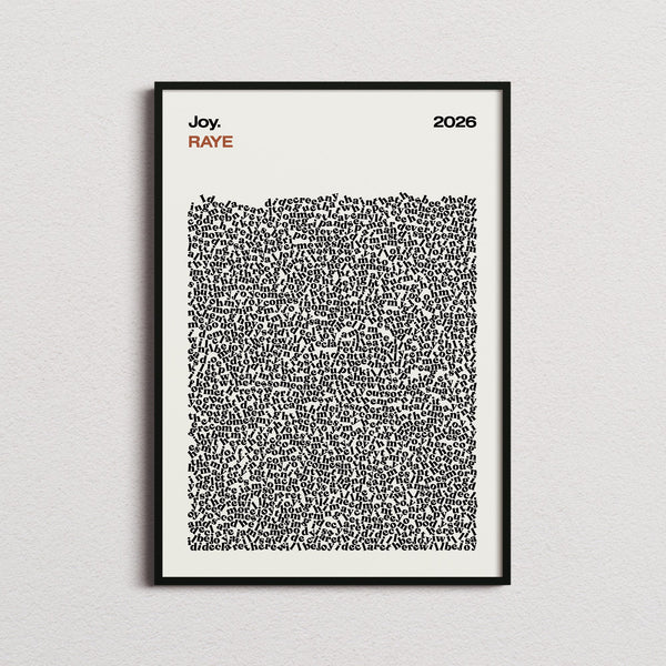 RAYE Joy Lyric Print in the cream colourway, framed