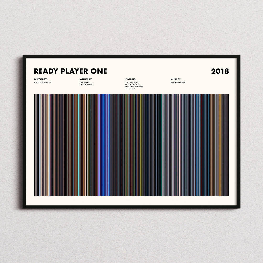 Ready Player One Movie Barcode Poster framed and photographed straight on