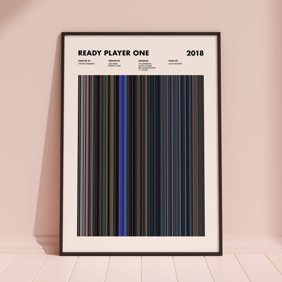 Ready Player One Movie Barcode Poster framed and leaning against a coloured wall