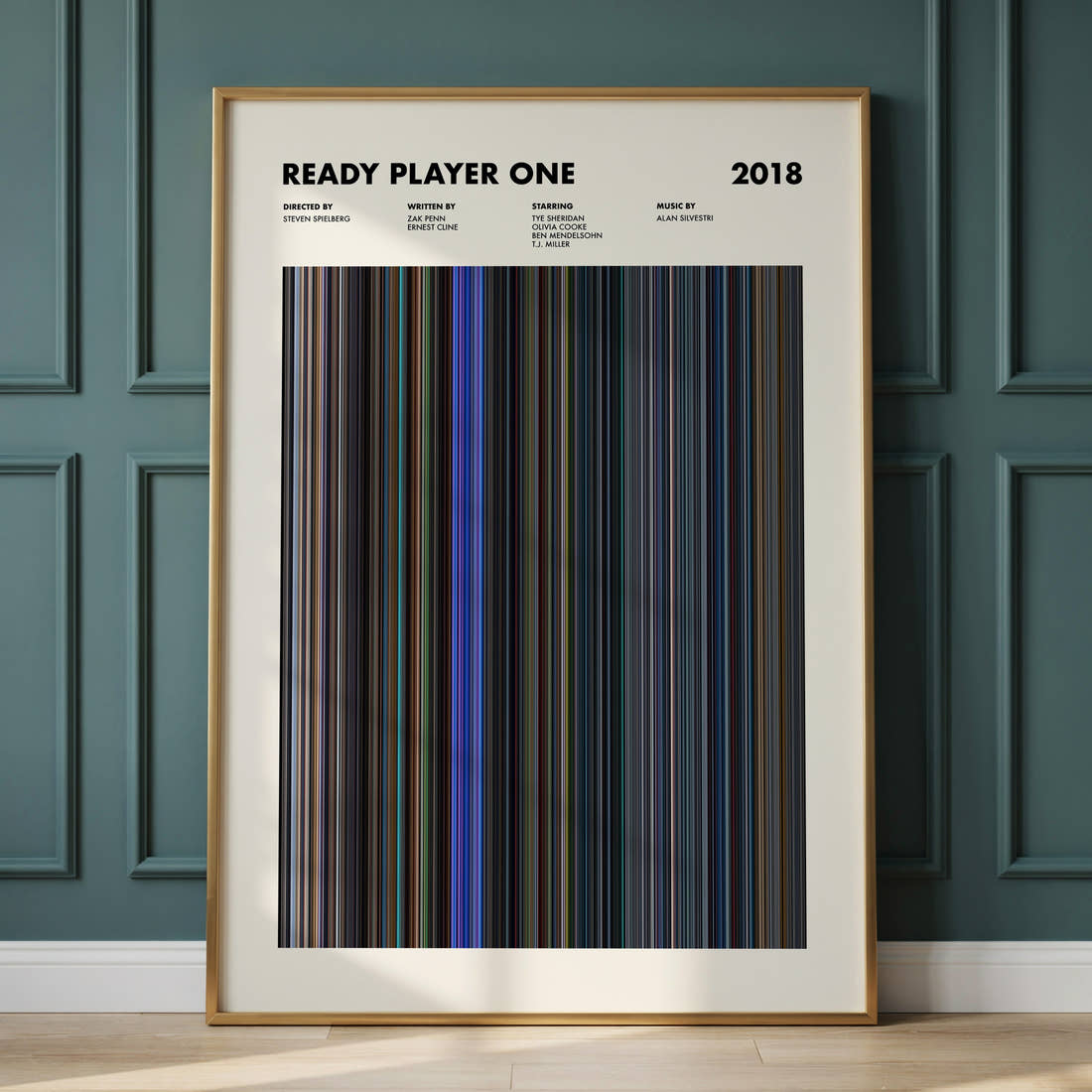 Ready Player One Movie Barcode Poster framed and leaning against a panelled wall