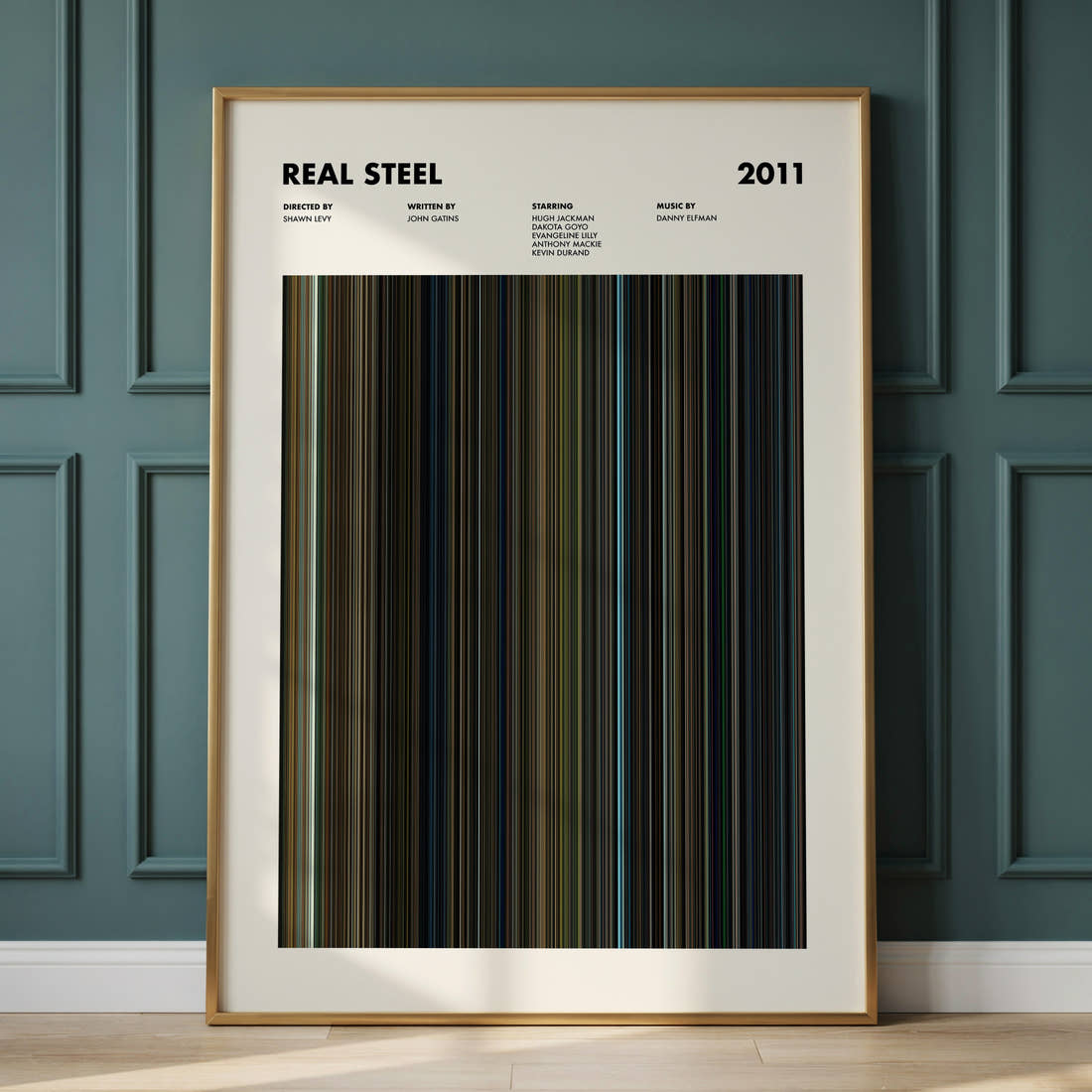 Real Steel Movie Barcode Poster framed and leaning against a panelled wall