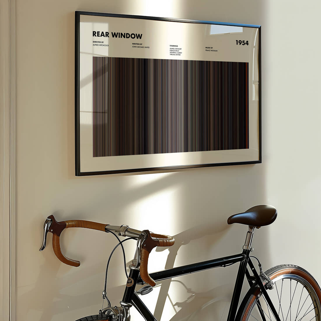 Rear Window Movie Barcode Poster framed on the wall of a styled room setting
