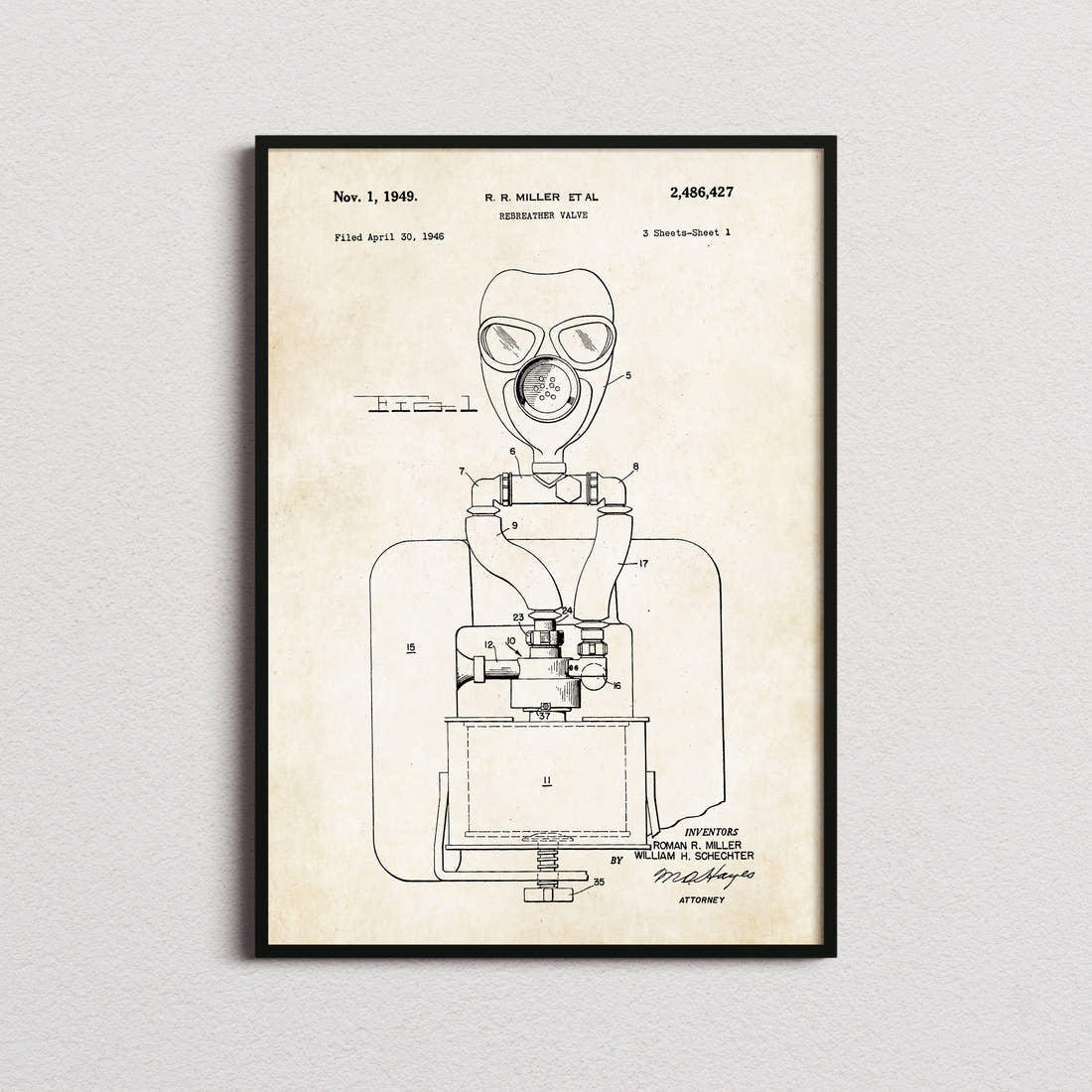 Rebreather Valve Patent Print in the aged paper colourway, framed