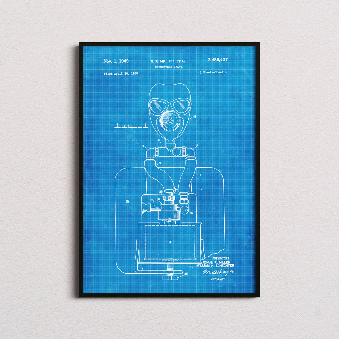 Rebreather Valve Patent Print in the blueprint colourway, framed