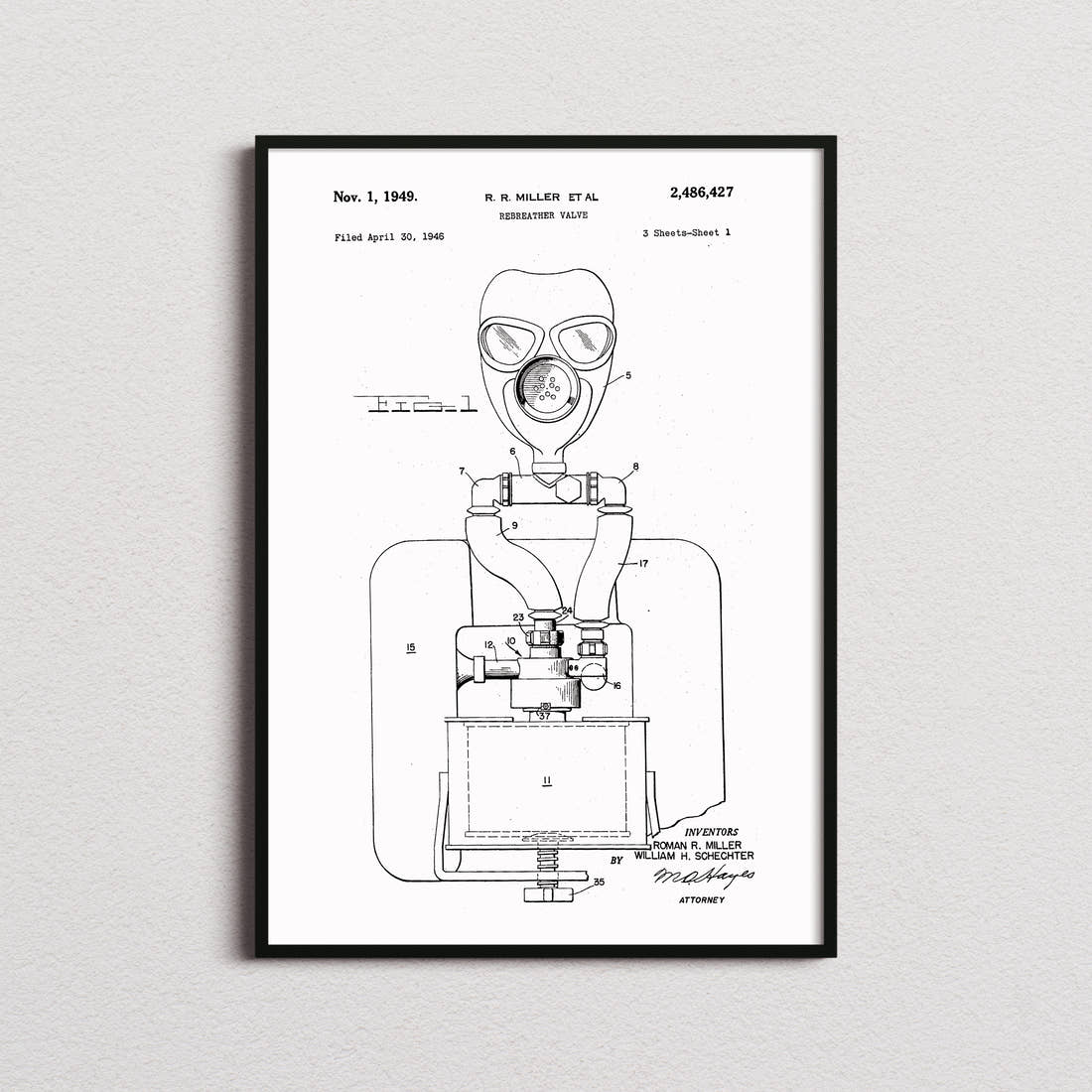 Rebreather Valve Patent Print in the white colourway, framed