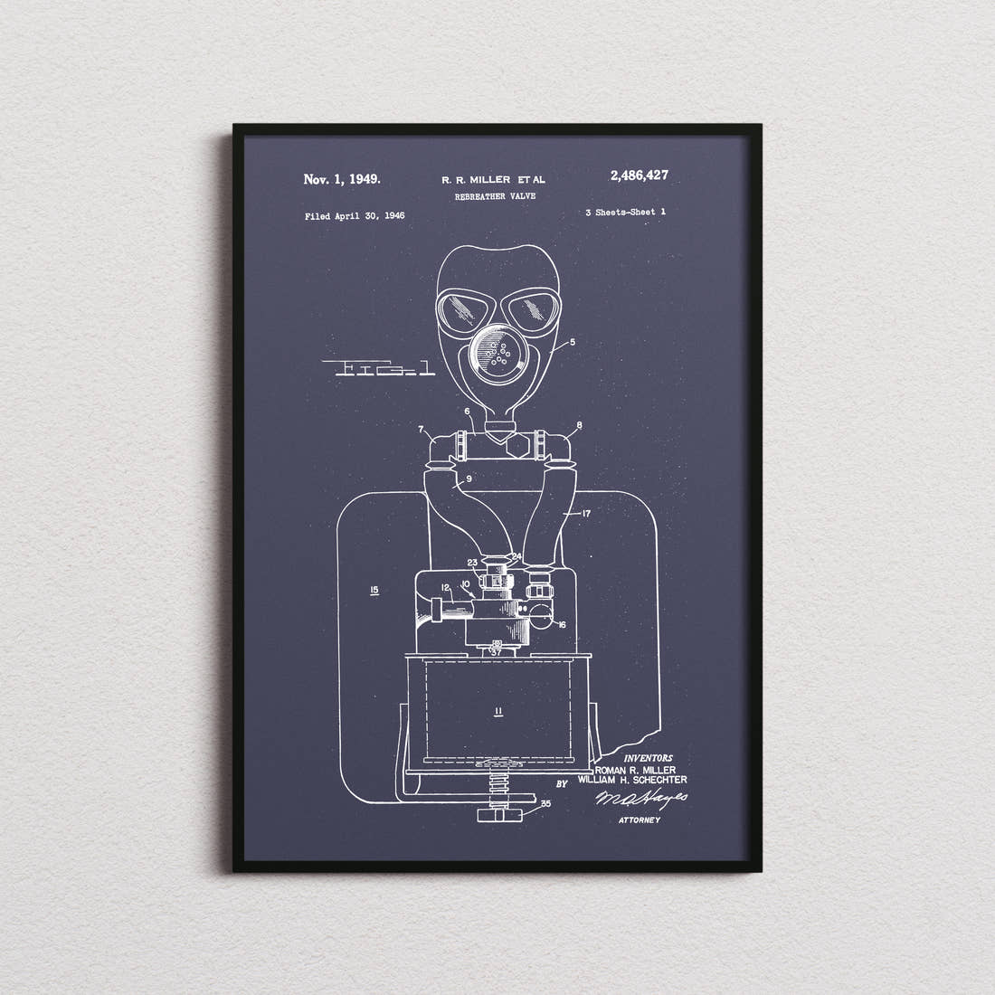 Rebreather Valve Patent Print in the navy colourway, framed