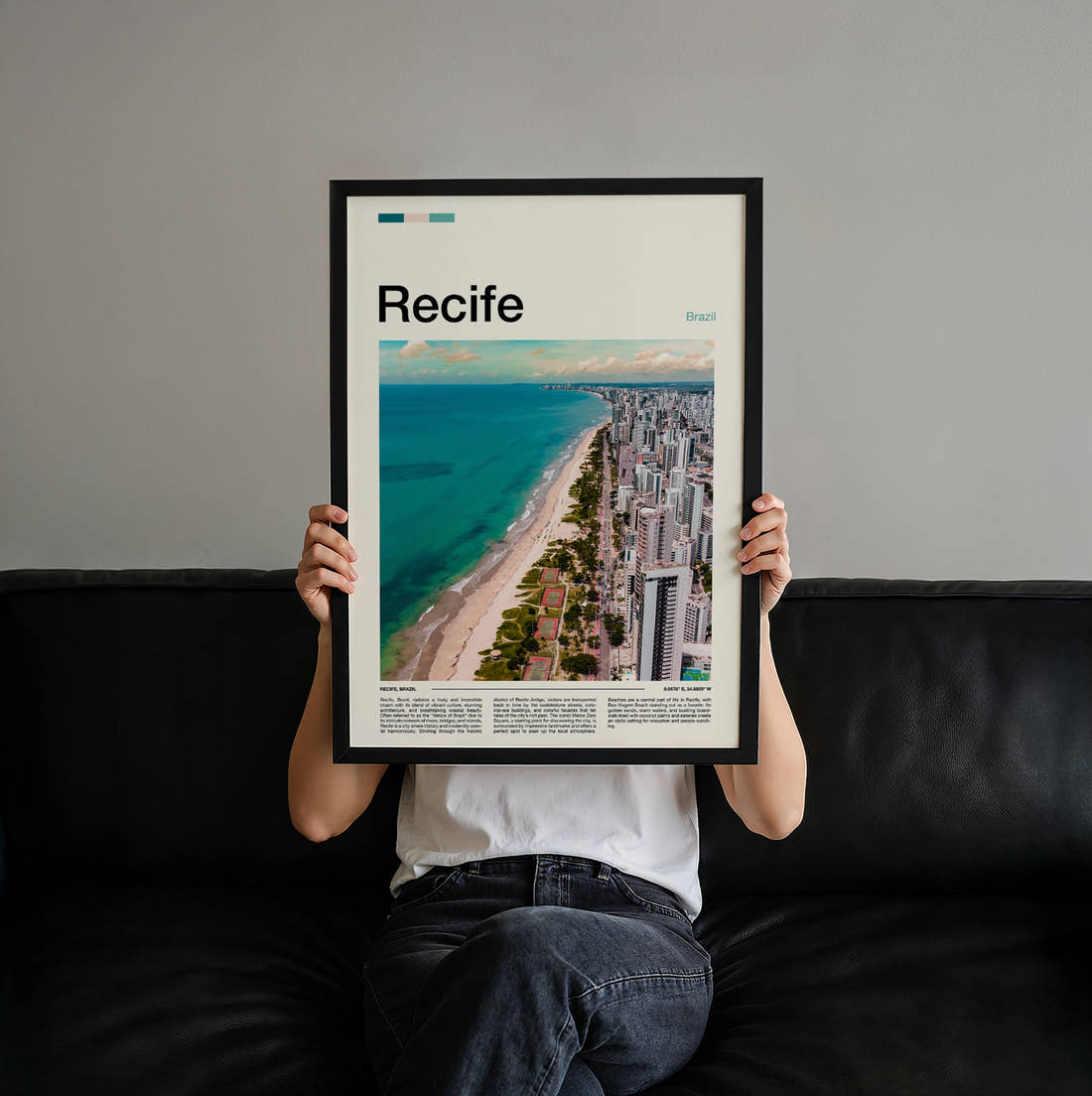 Recife Beach And High-Rise City Travel Print held up by hand to show the size of the print