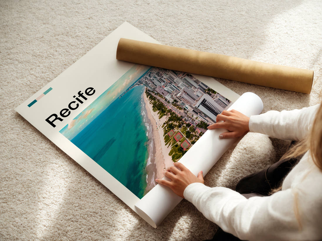 Recife Beach And High-Rise City Travel Print being unrolled from its postal tube