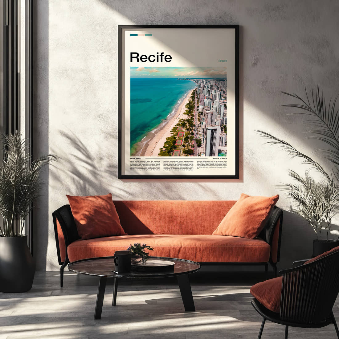 Recife Beach And High-Rise City Travel Print framed on the wall of a modern living room