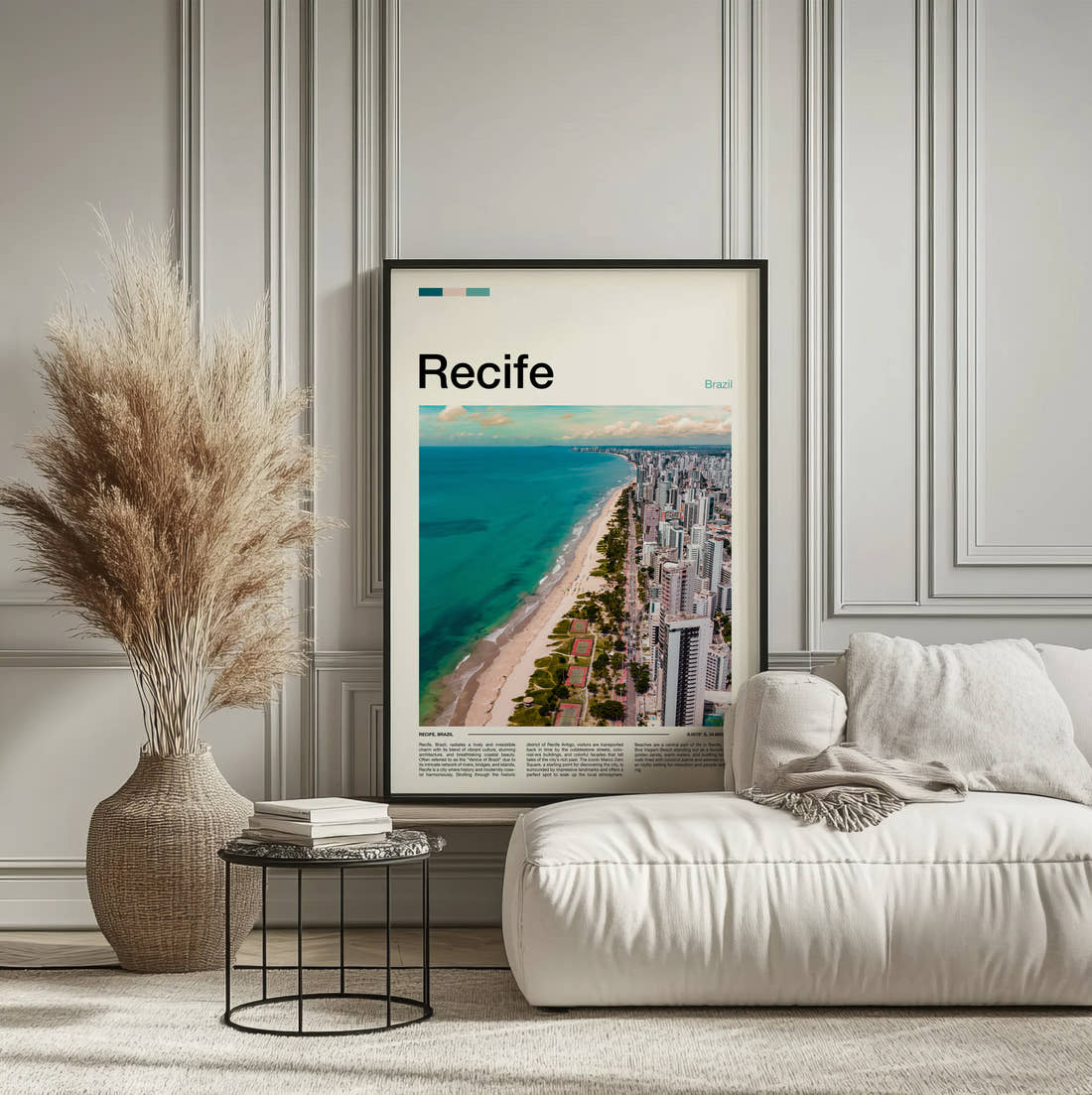 Recife Beach And High-Rise City Travel Print framed on the wall of a calm, neutral bedroom