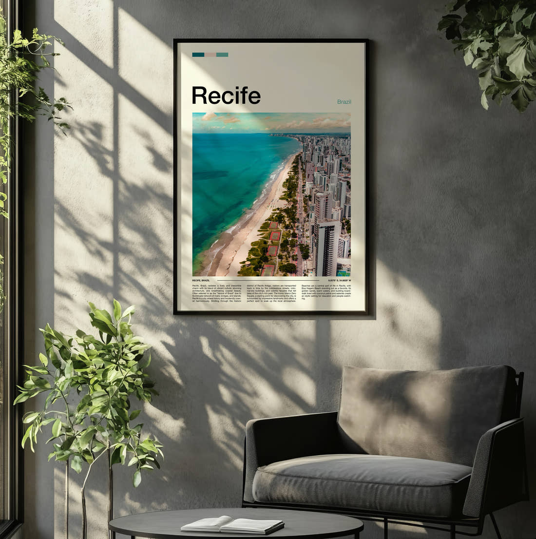 Recife Beach And High-Rise City Travel Print framed on the wall of a relaxed living room