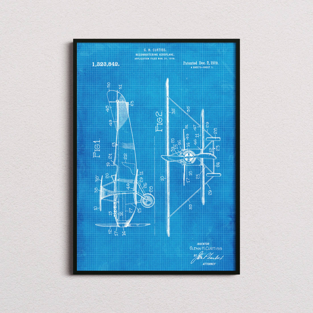 Reconnoitering Airplane Patent Print in the blueprint colourway, framed