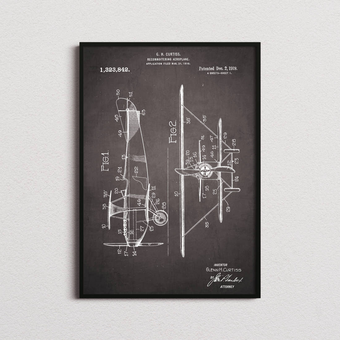 Reconnoitering Airplane Patent Print in the blackboard colourway, framed