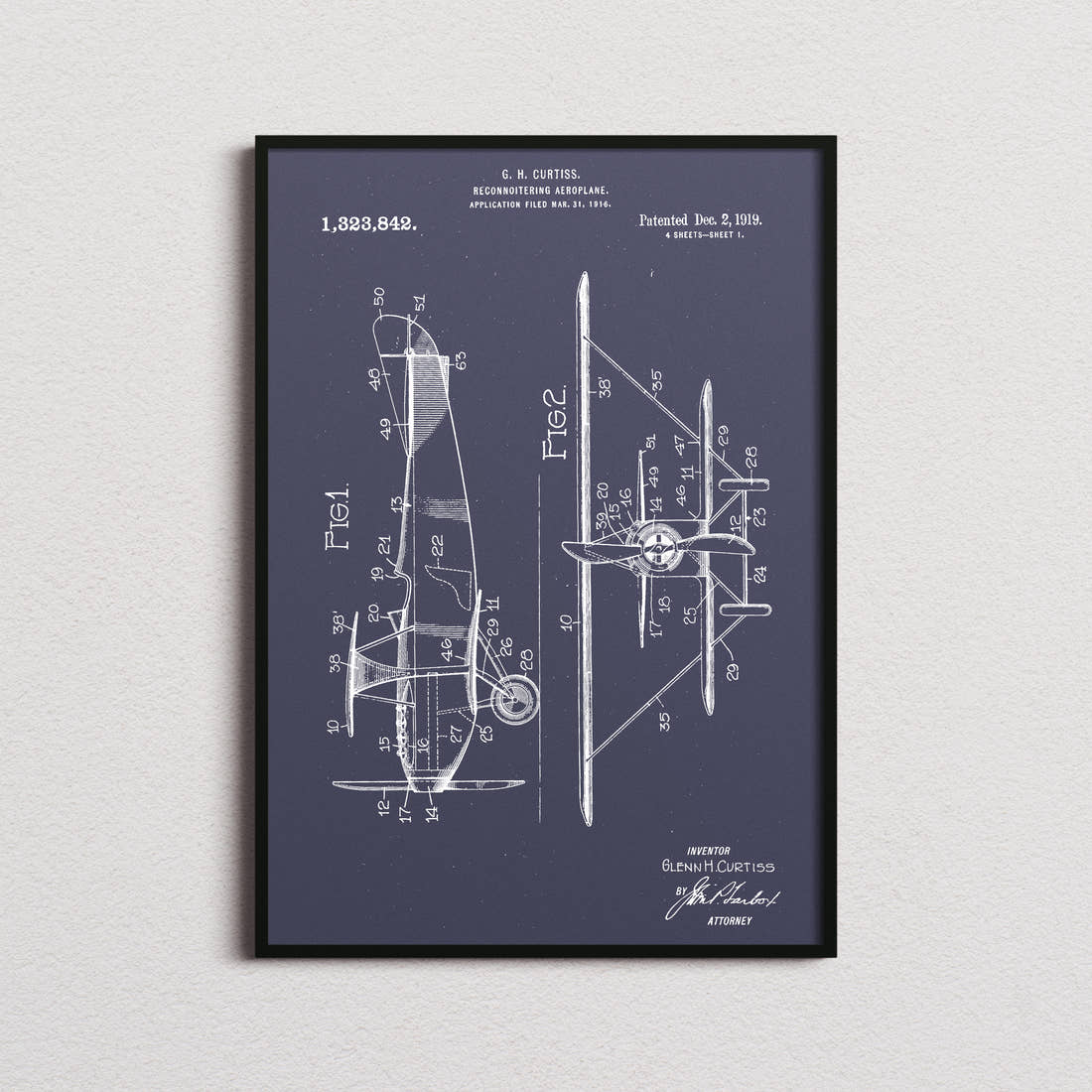 Reconnoitering Airplane Patent Print in the navy colourway, framed