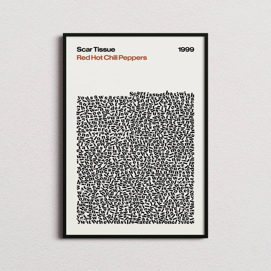 Red Hot Chili Peppers Scar Tissue Lyric Print in the cream colourway, framed