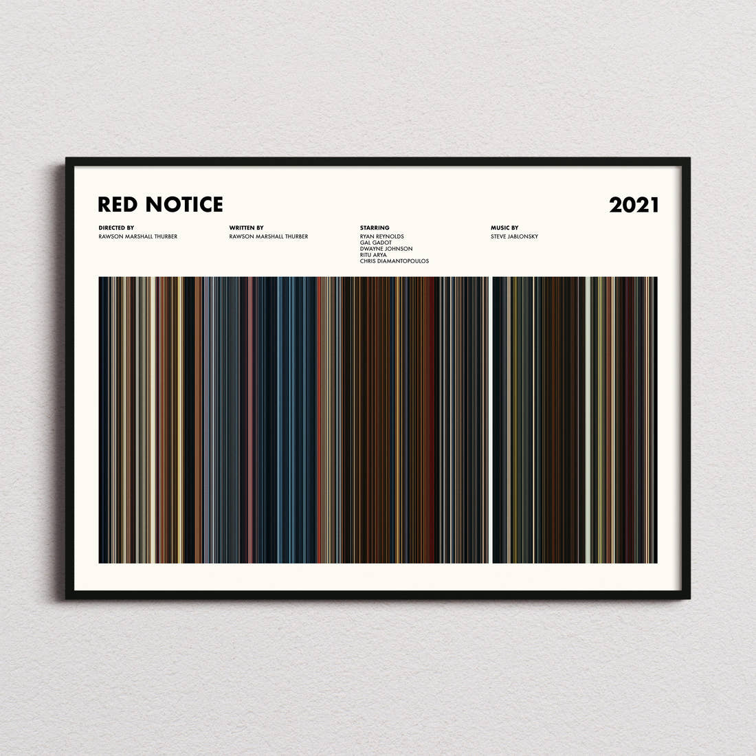 Red Notice Movie Barcode Poster framed and photographed straight on
