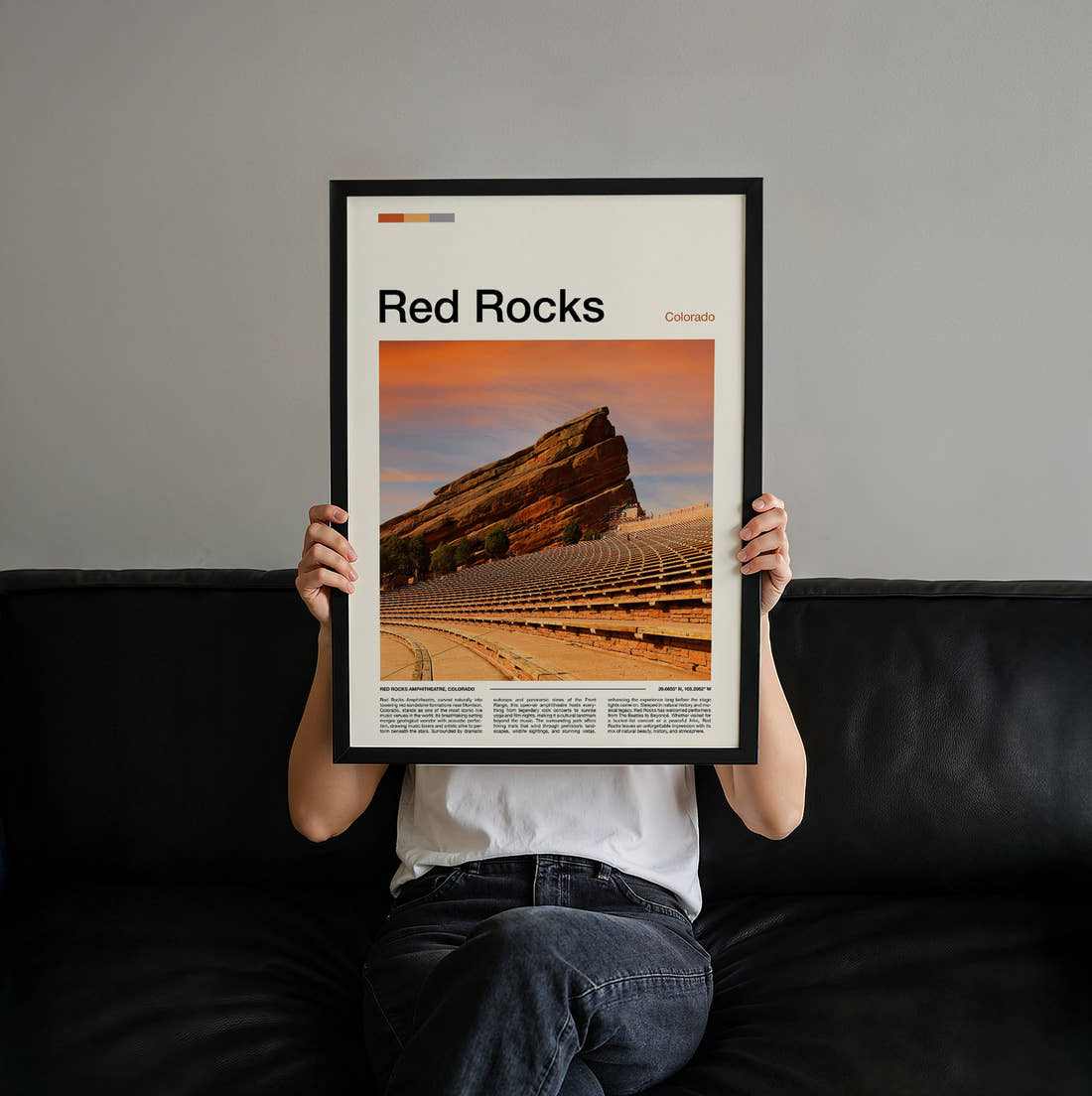 Red Rocks Rock Amphitheatre In Golden Light Travel Print held up by hand to show the size of the print