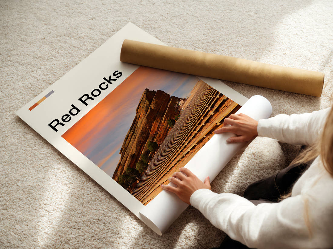 Red Rocks Rock Amphitheatre In Golden Light Travel Print being unrolled from its postal tube