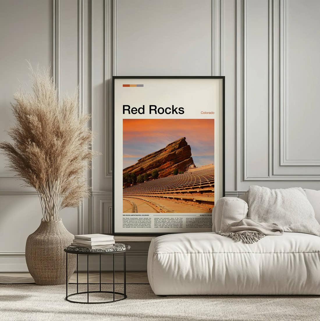 Red Rocks Rock Amphitheatre In Golden Light Travel Print framed on the wall of a calm, neutral bedroom