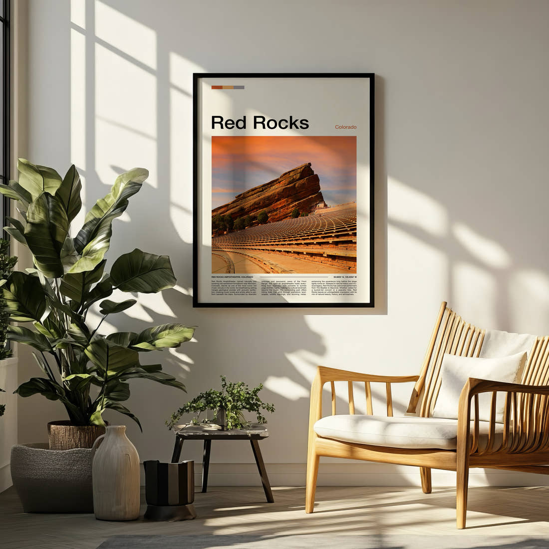 Red Rocks Rock Amphitheatre In Golden Light Travel Print framed on a pale wall beside houseplants