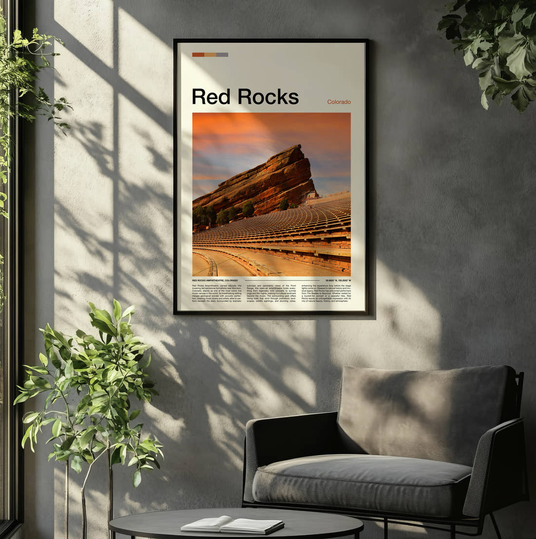Red Rocks Rock Amphitheatre In Golden Light Travel Print framed on the wall of a relaxed living room