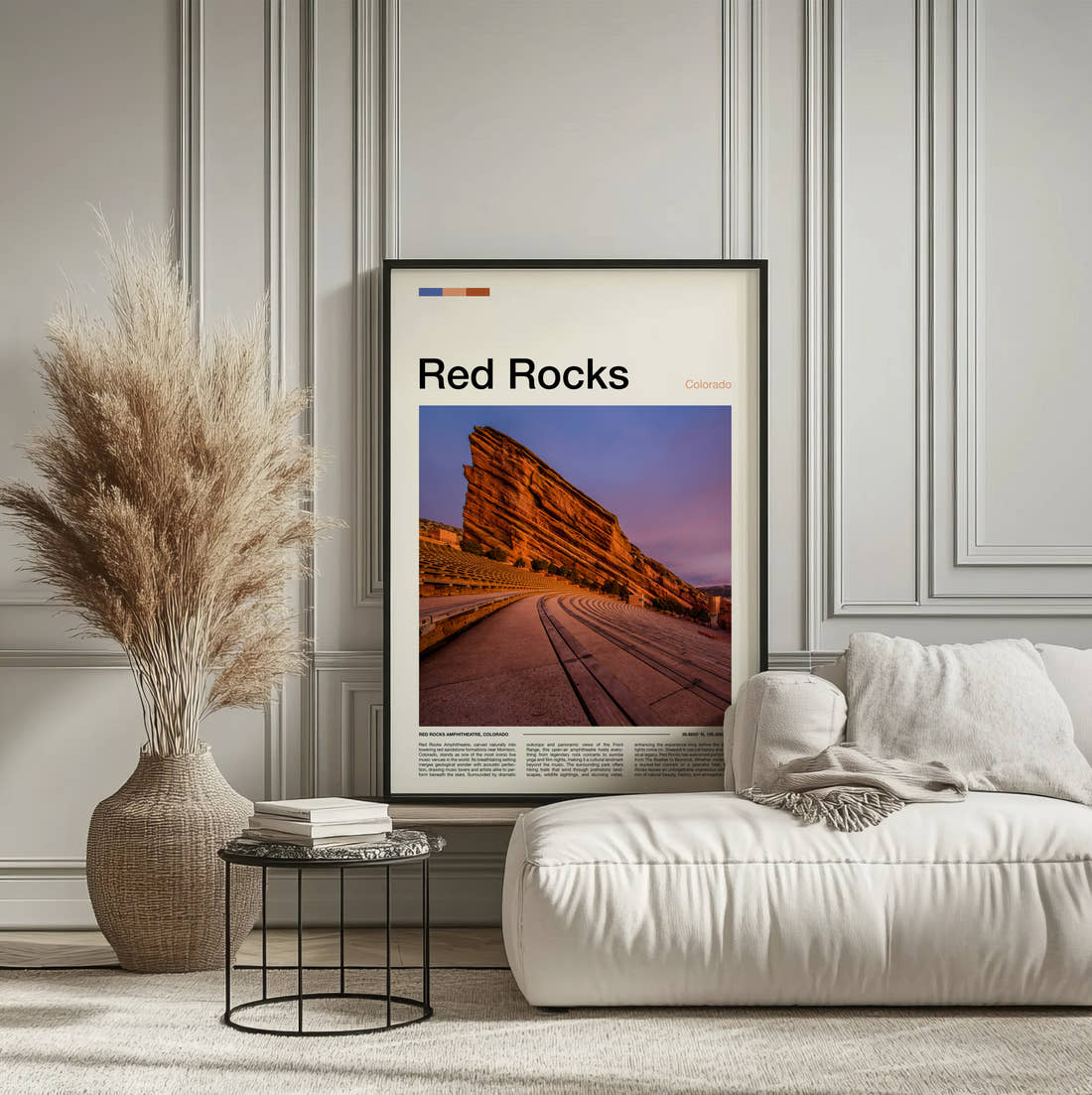Red Rocks Rock Amphitheatre At Dusk Travel Print framed on the wall of a calm, neutral bedroom