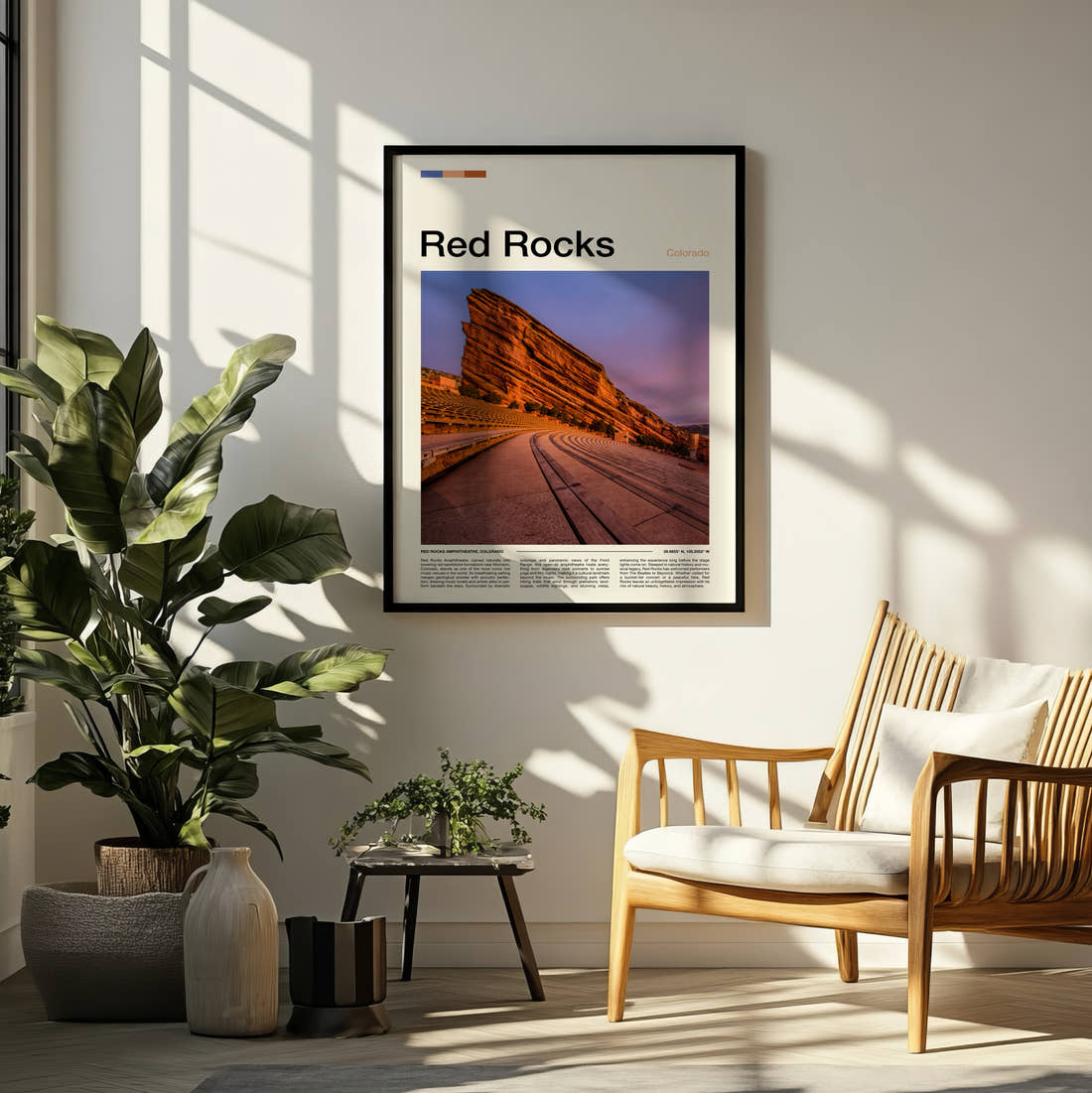 Red Rocks Rock Amphitheatre At Dusk Travel Print framed on a pale wall beside houseplants