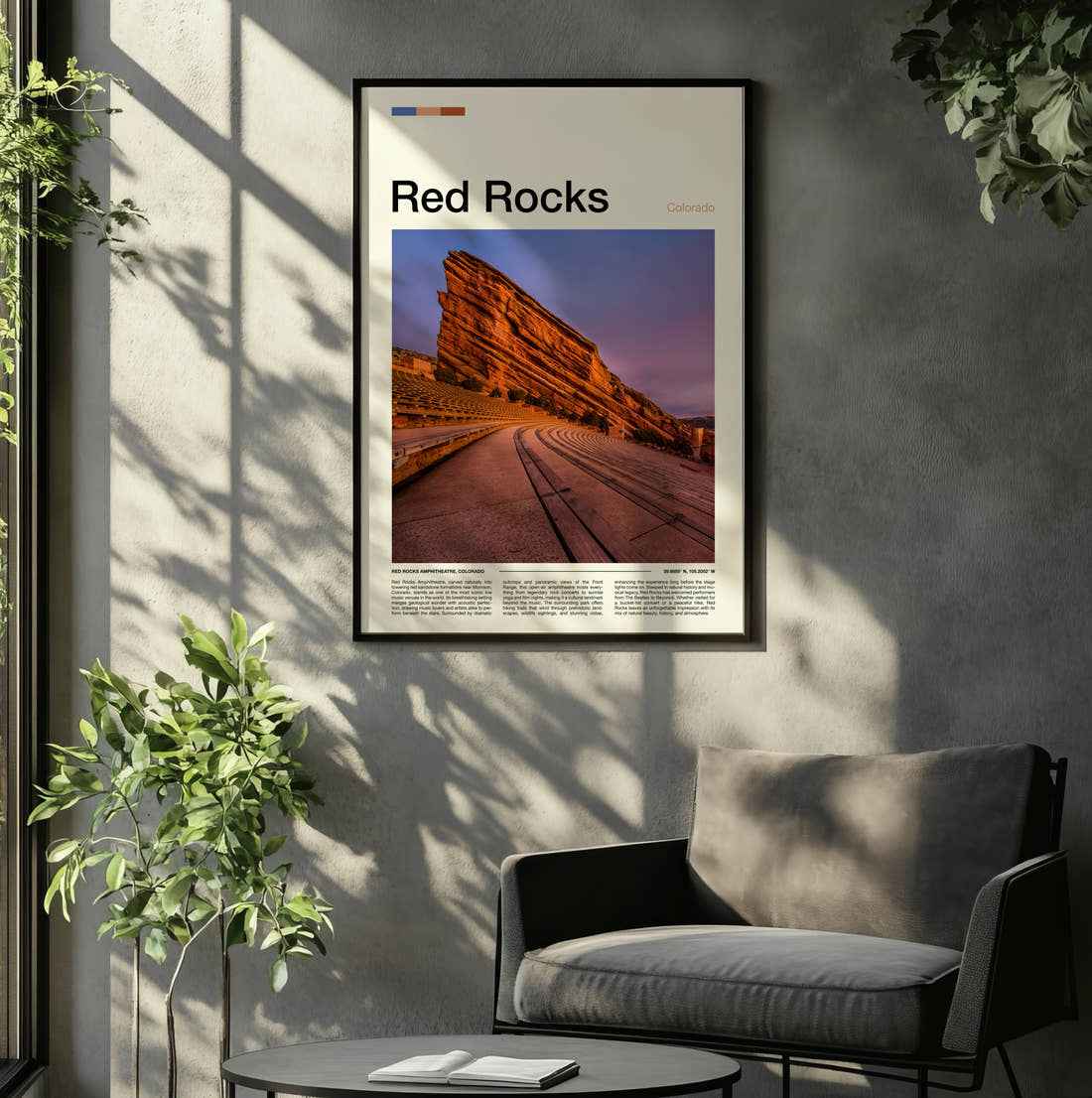 Red Rocks Rock Amphitheatre At Dusk Travel Print framed on the wall of a relaxed living room