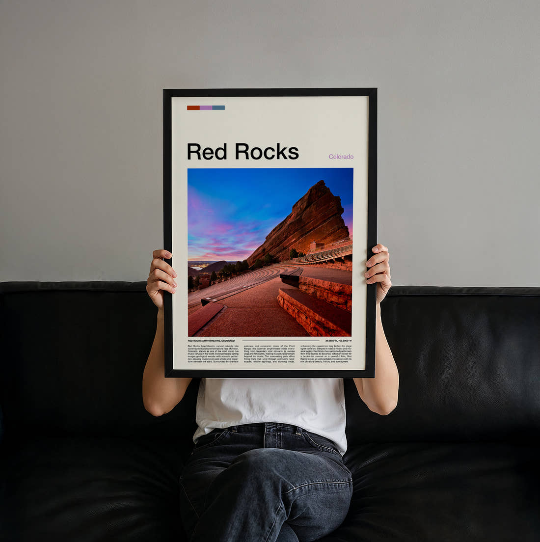 Red Rocks Amphitheatre At Dusk Travel Print held up by hand to show the size of the print