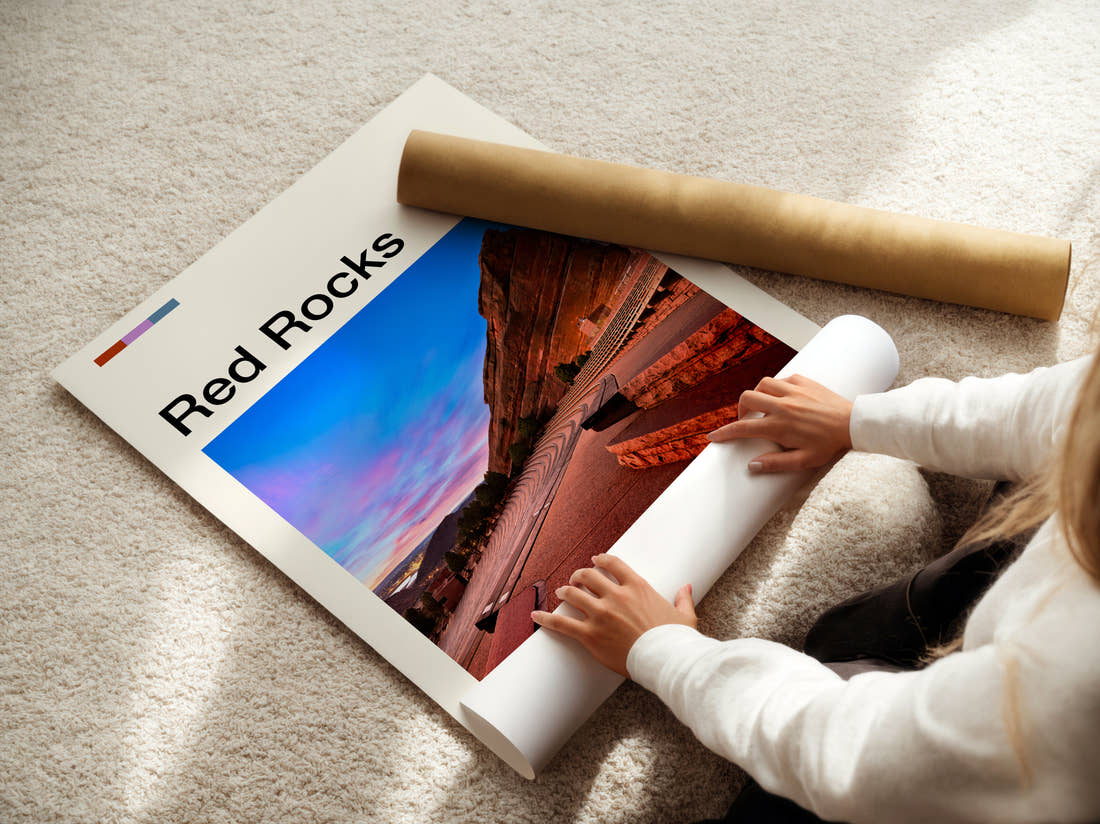 Red Rocks Amphitheatre At Dusk Travel Print being unrolled from its postal tube