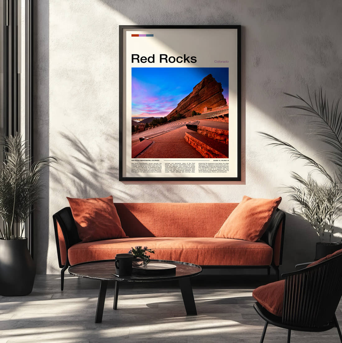 Red Rocks Amphitheatre At Dusk Travel Print framed on the wall of a modern living room