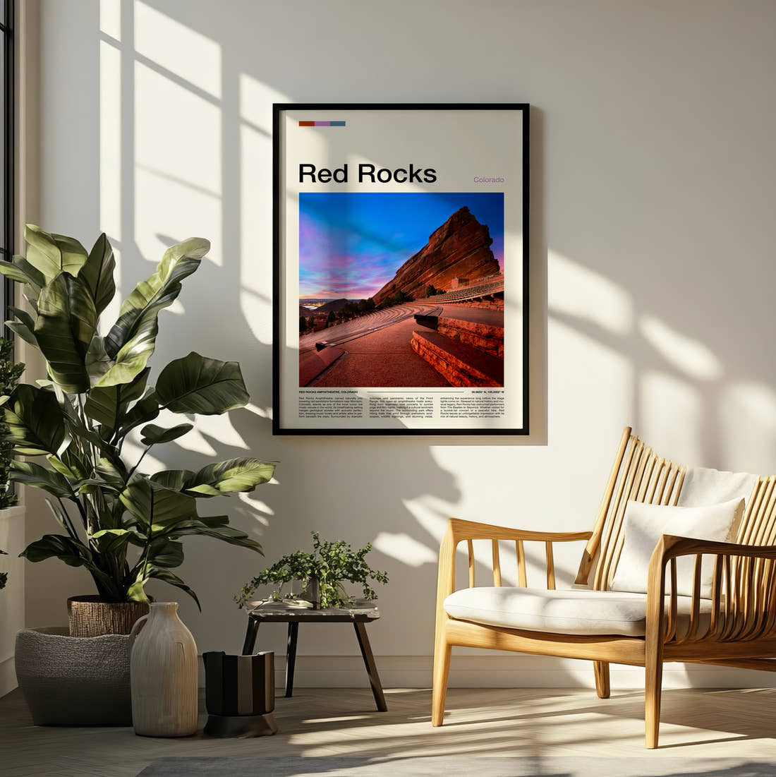 Red Rocks Amphitheatre At Dusk Travel Print framed on a pale wall beside houseplants