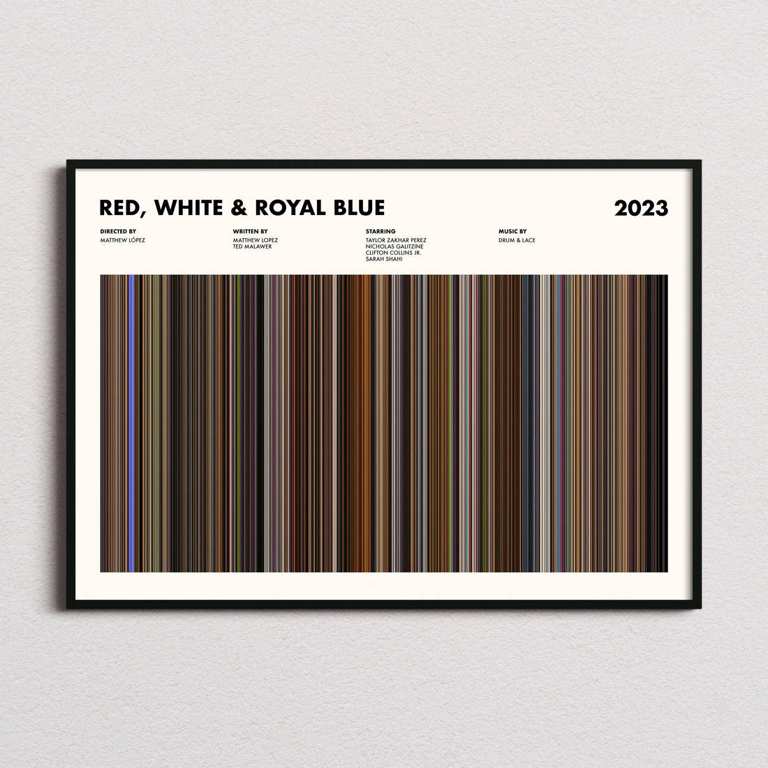Red, White & Royal Blue Movie Barcode Poster framed and photographed straight on