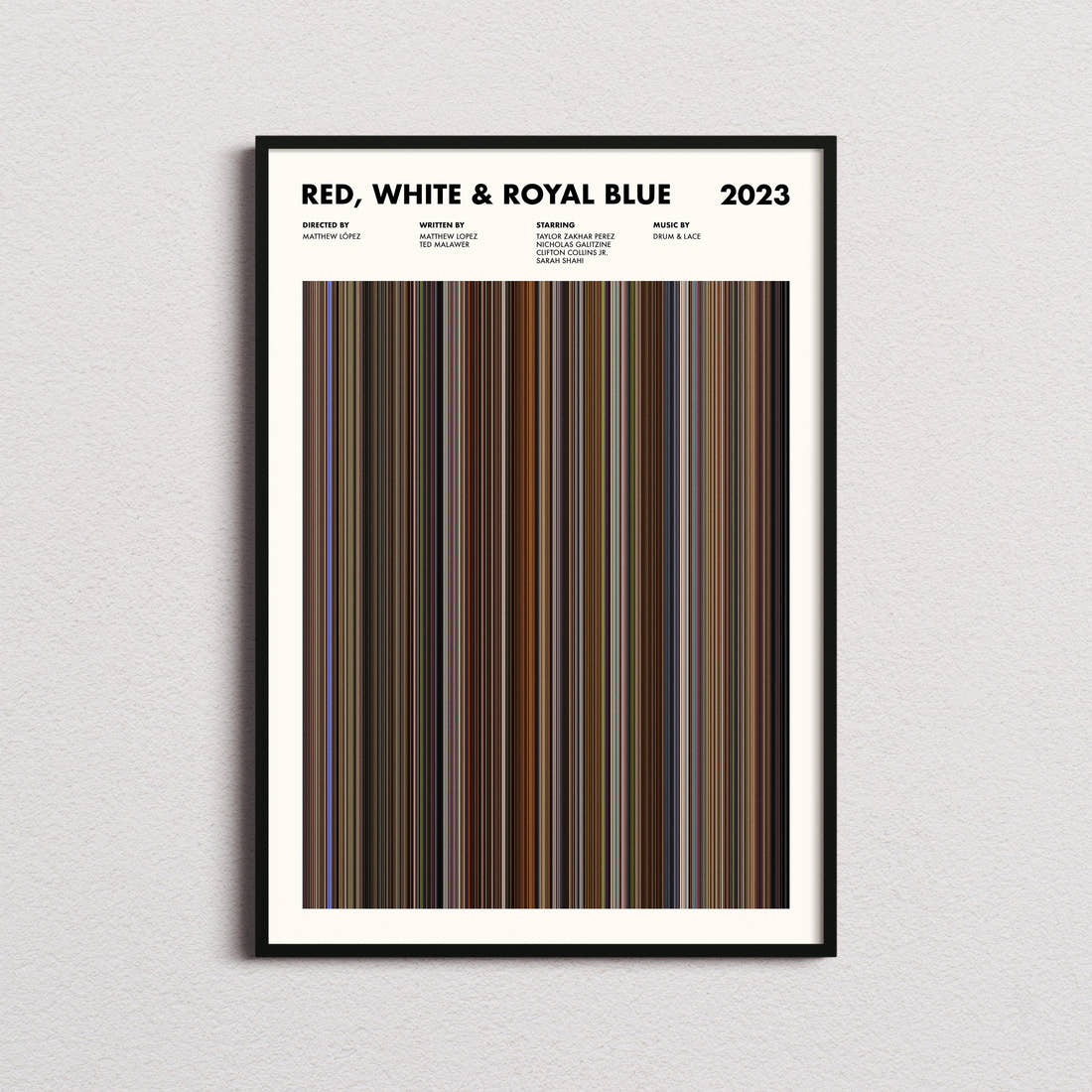 Red, White & Royal Blue Movie Barcode Poster framed on a plain studio wall