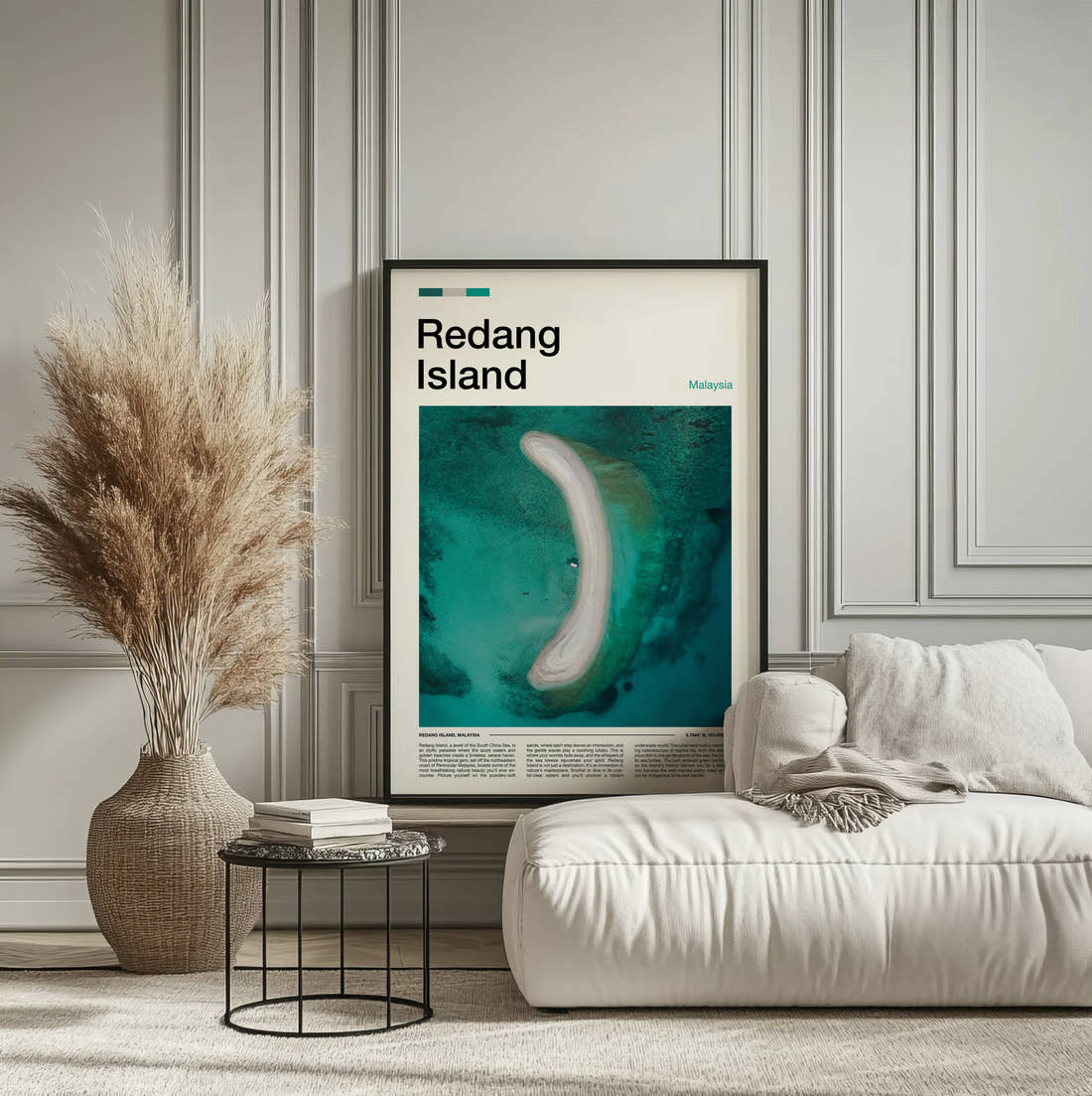 Redang Curved Sandbar From Above Travel Print framed on the wall of a calm, neutral bedroom