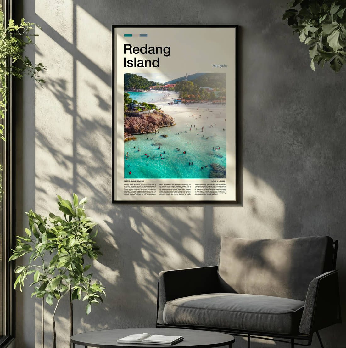 Redang Swimmers In Turquoise Water Travel Print framed on the wall of a relaxed living room