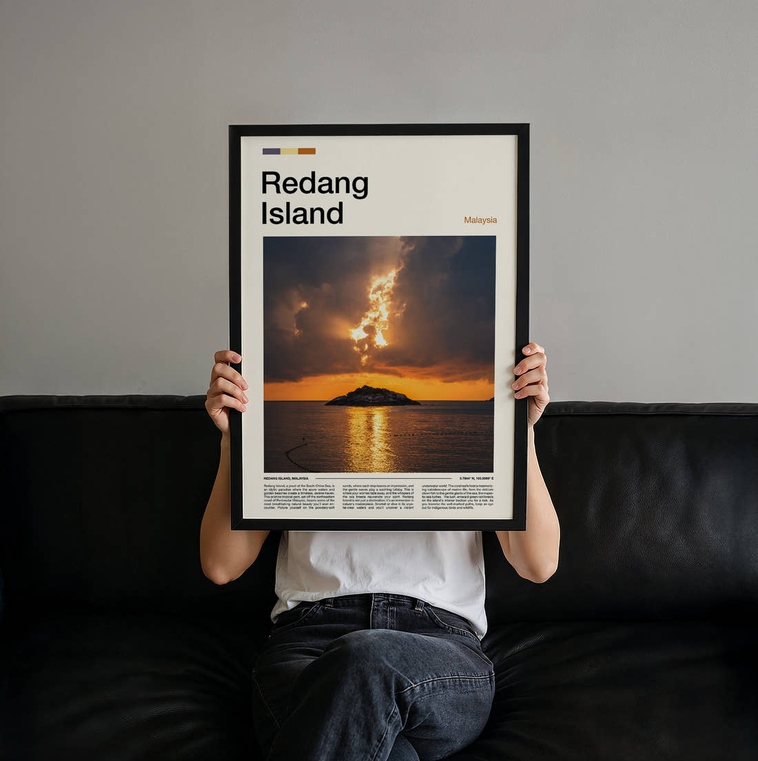 Redang Sunset Over The Sea Travel Print held up by hand to show the size of the print
