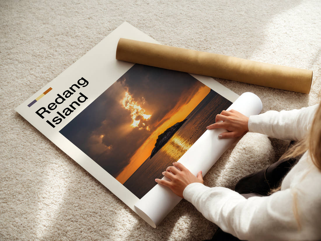 Redang Sunset Over The Sea Travel Print being unrolled from its postal tube