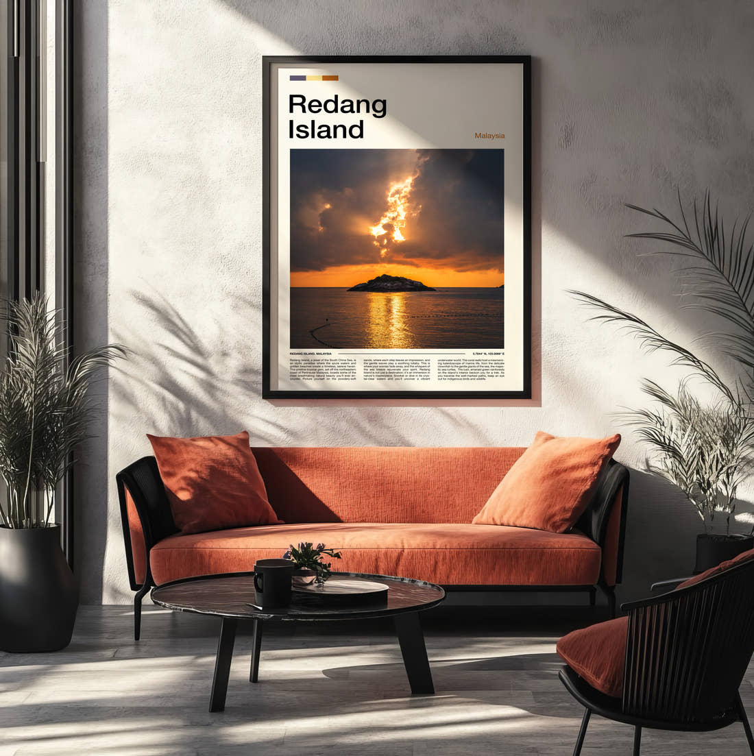 Redang Sunset Over The Sea Travel Print framed on the wall of a modern living room