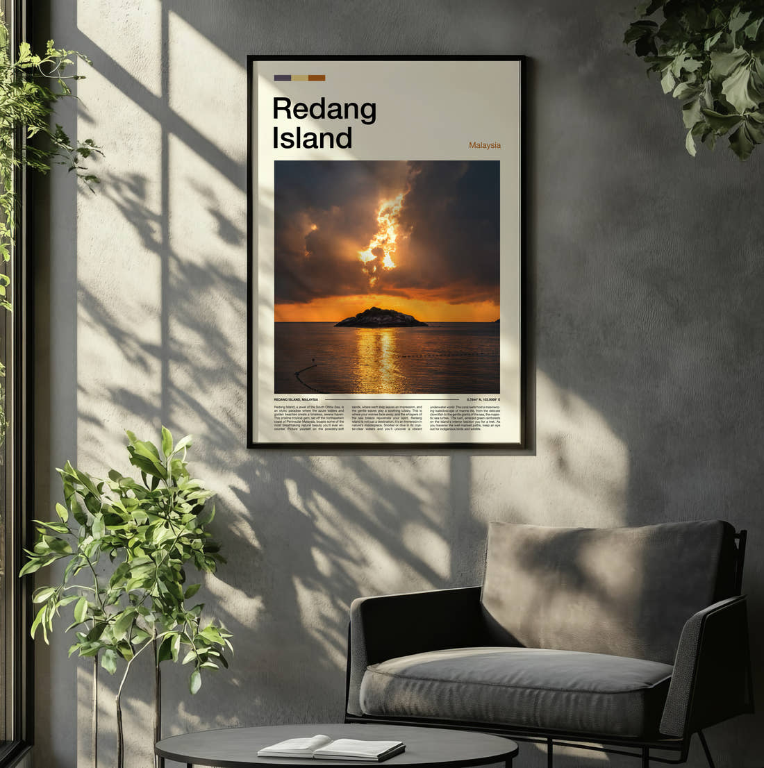 Redang Sunset Over The Sea Travel Print framed on the wall of a relaxed living room