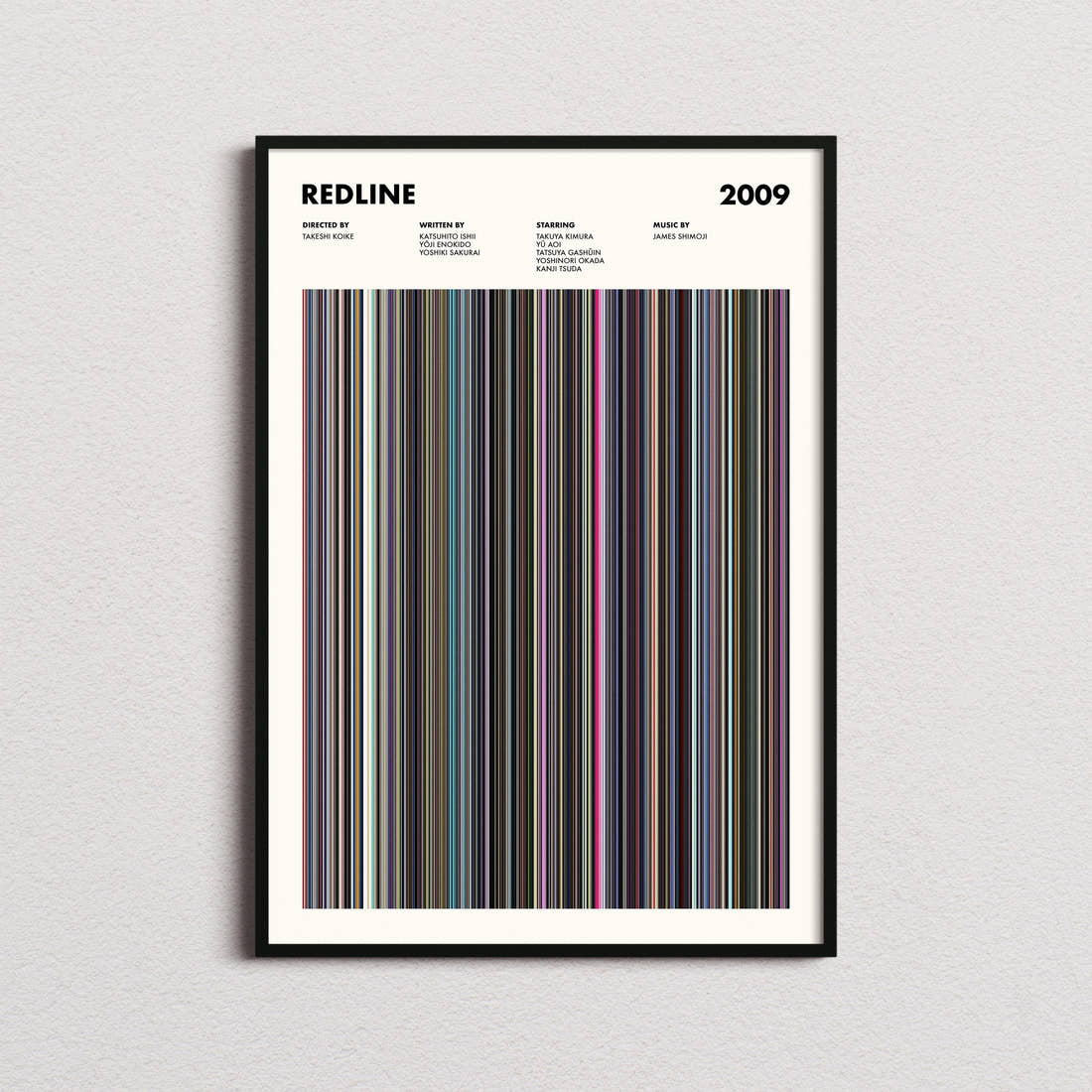 Redline (2009) Movie Barcode Poster framed on a plain studio wall