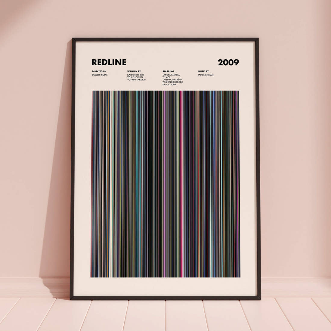 Redline (2009) Movie Barcode Poster framed and leaning against a coloured wall