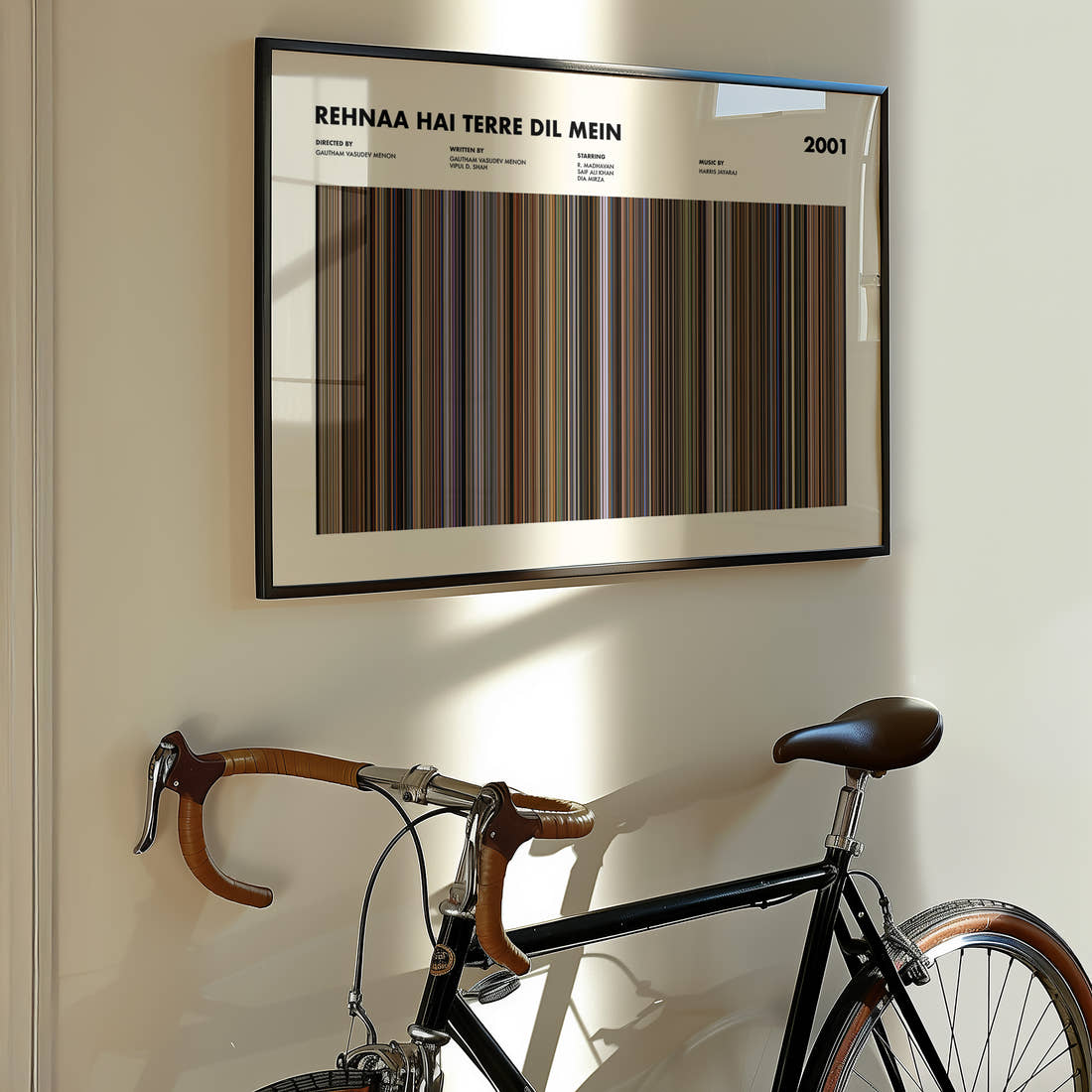 Rehnaa Hai Terre Dil Mein Movie Barcode Poster framed on the wall of a styled room setting