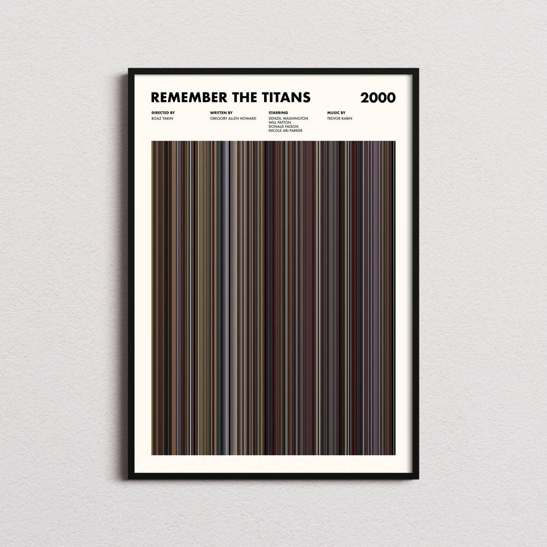 Remember the Titans Movie Barcode Poster framed on a plain studio wall