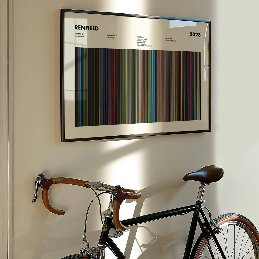 Renfield Movie Barcode Poster framed on the wall of a styled room setting