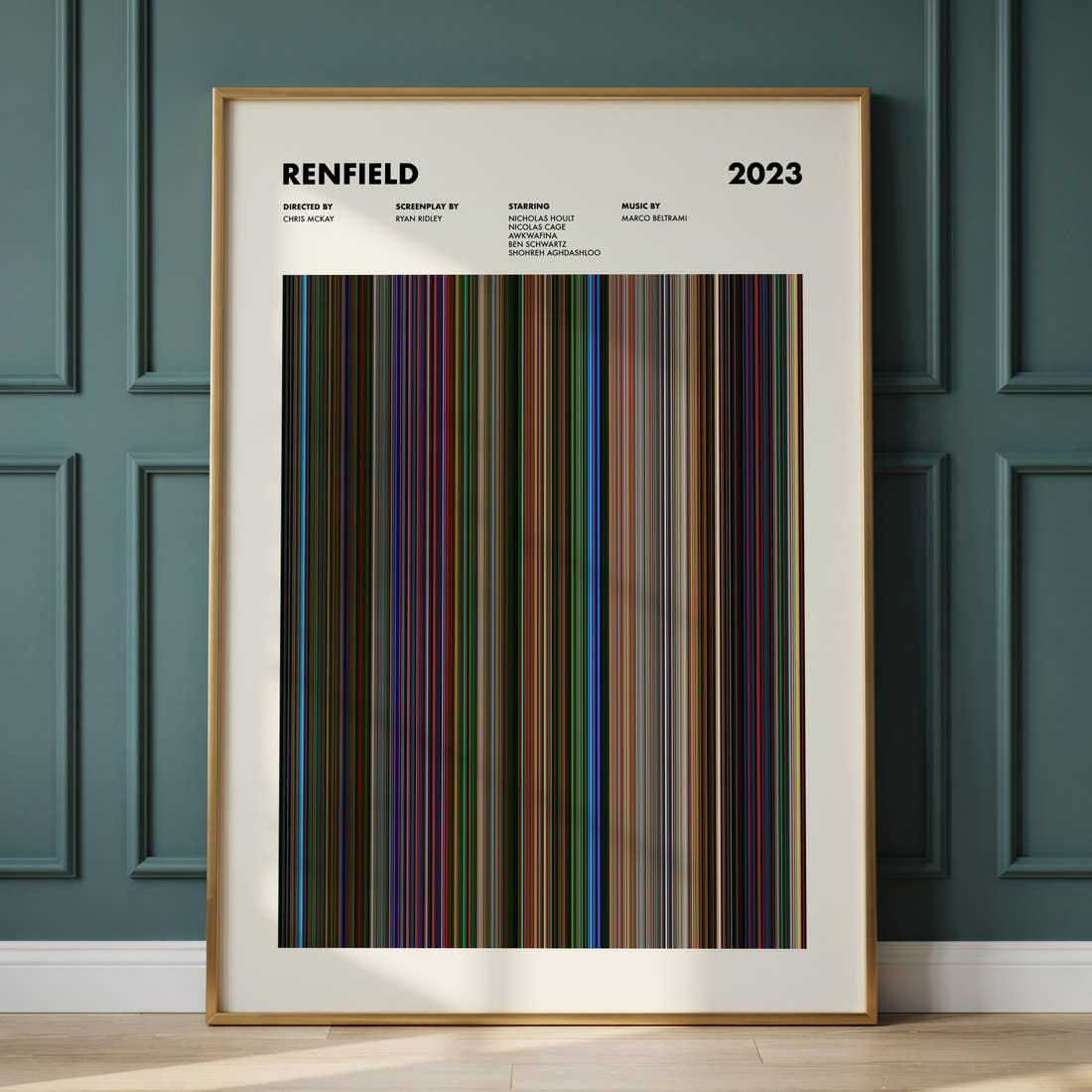Renfield Movie Barcode Poster framed and leaning against a panelled wall
