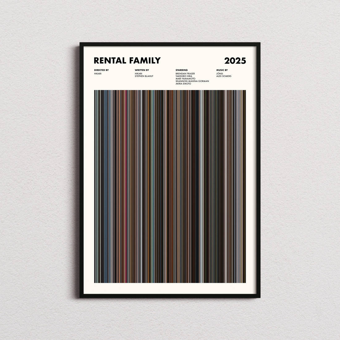 Rental Family Movie Barcode Poster framed on a plain studio wall