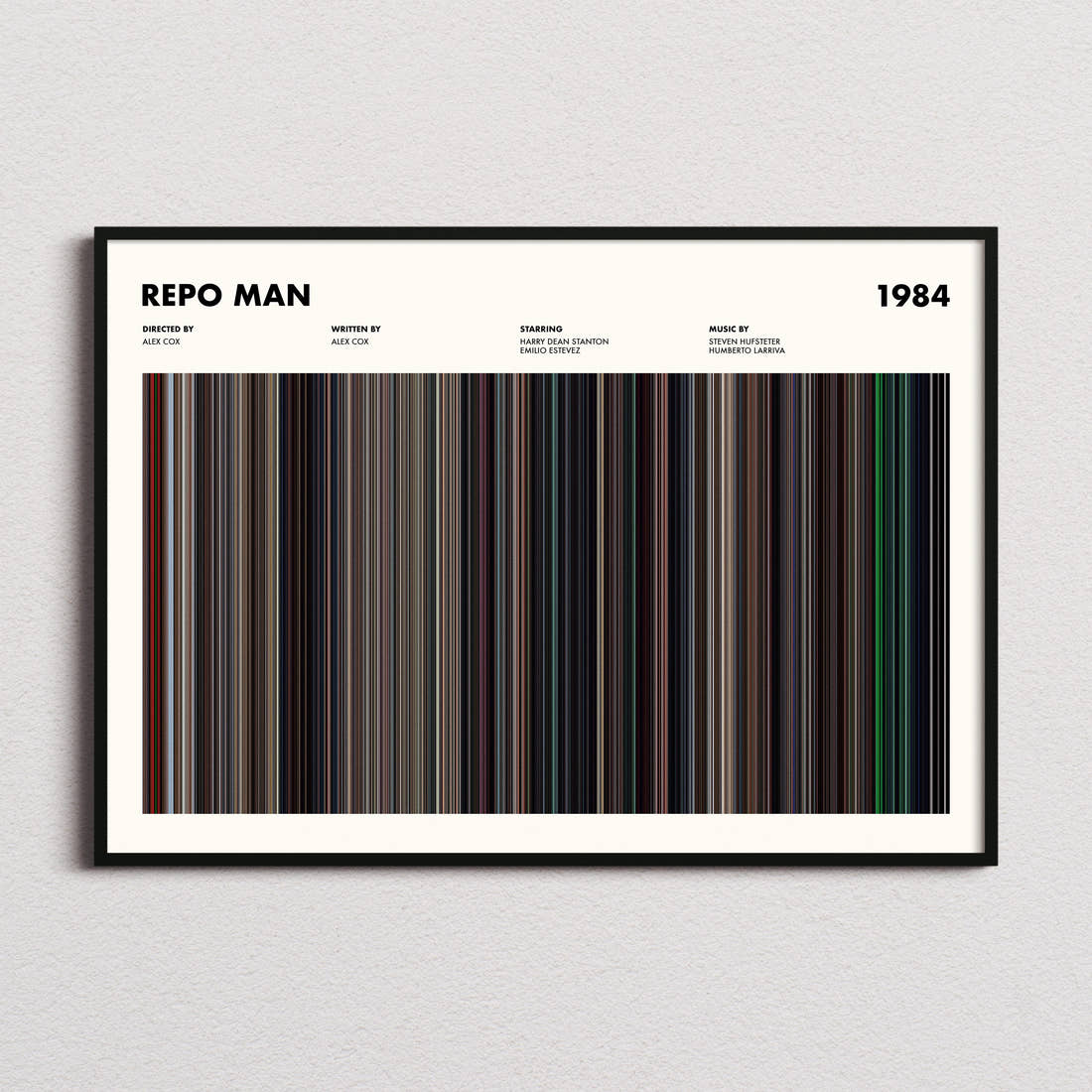 Repo Man Movie Barcode Poster framed and photographed straight on