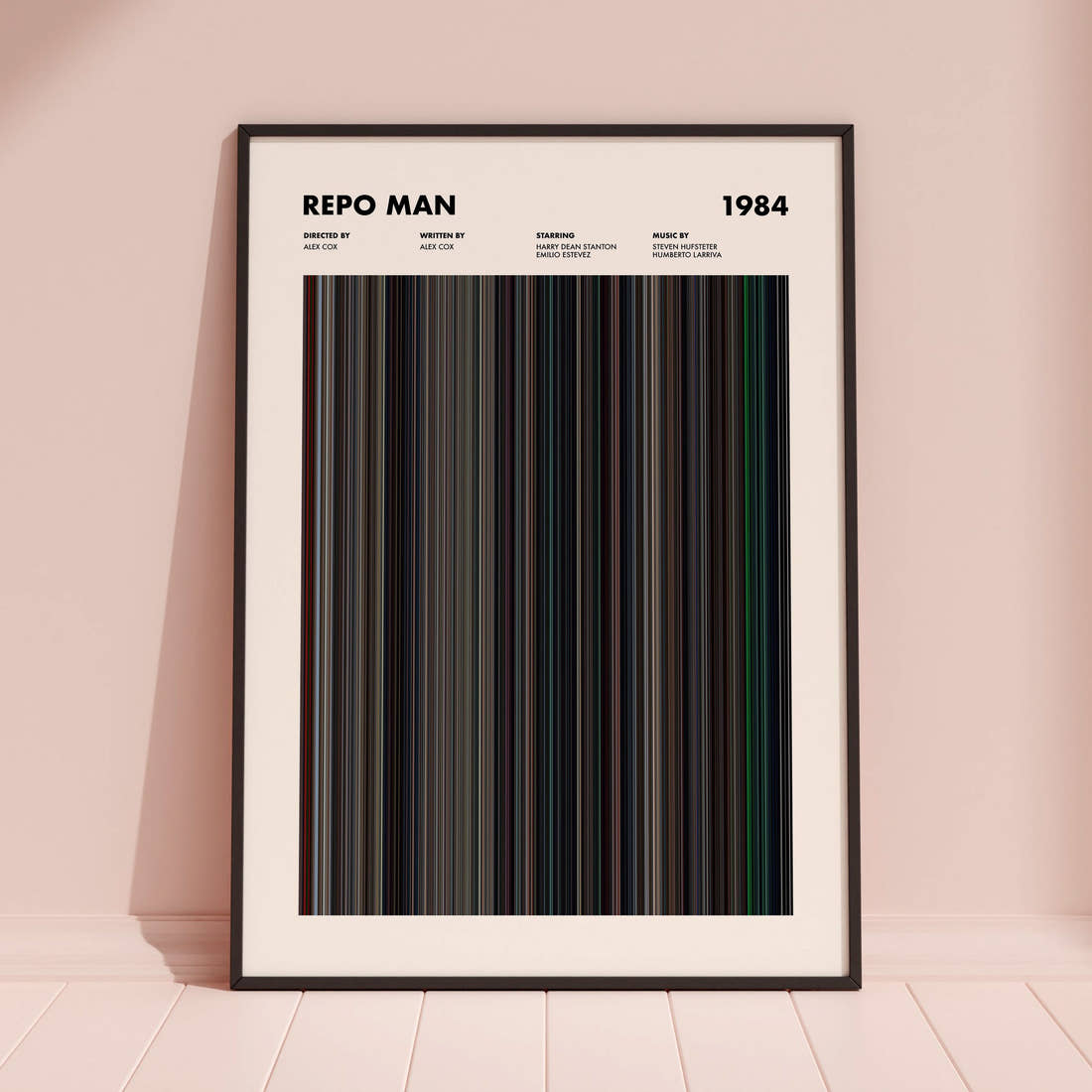 Repo Man Movie Barcode Poster framed and leaning against a coloured wall