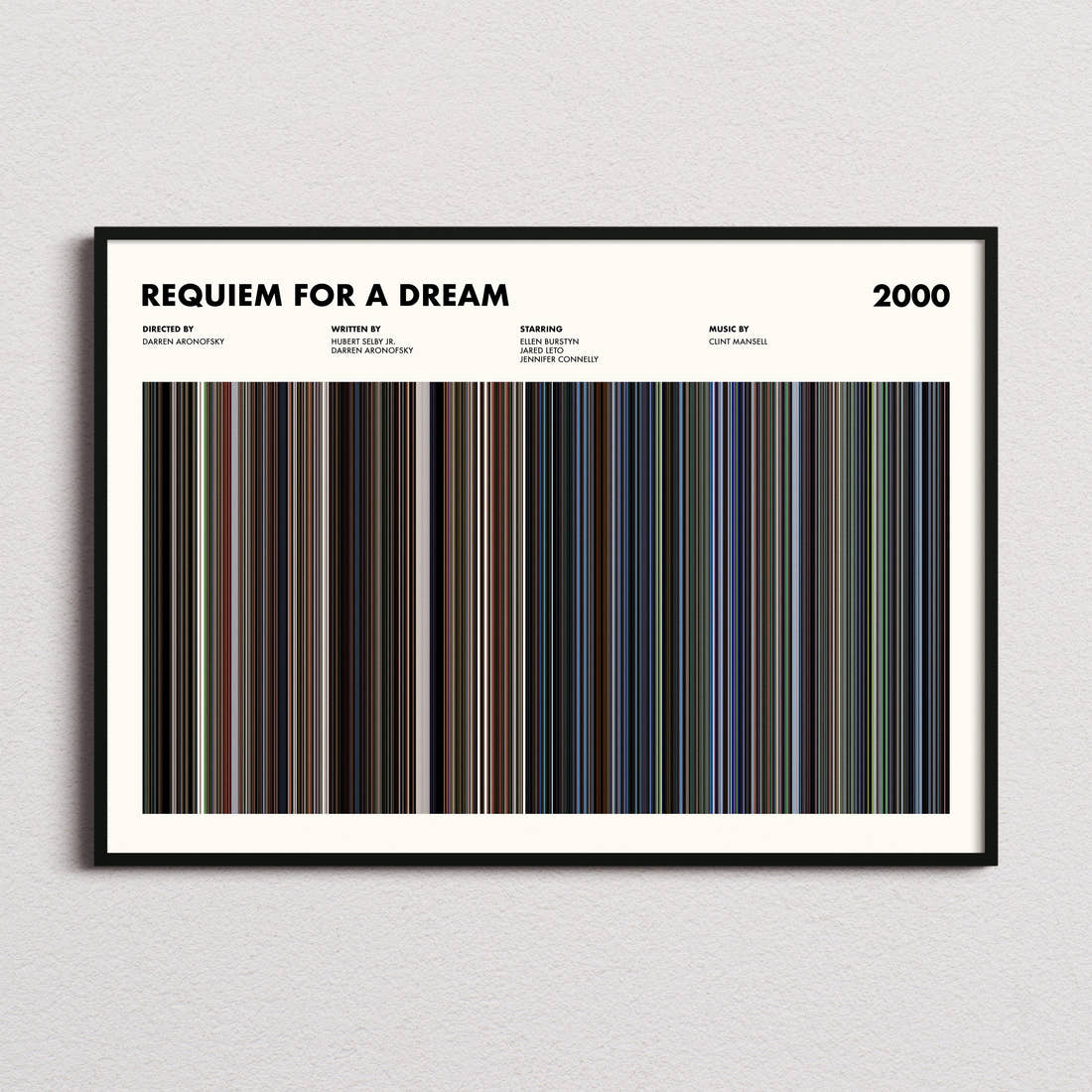 Requiem For A Dream Movie Barcode Poster framed and photographed straight on